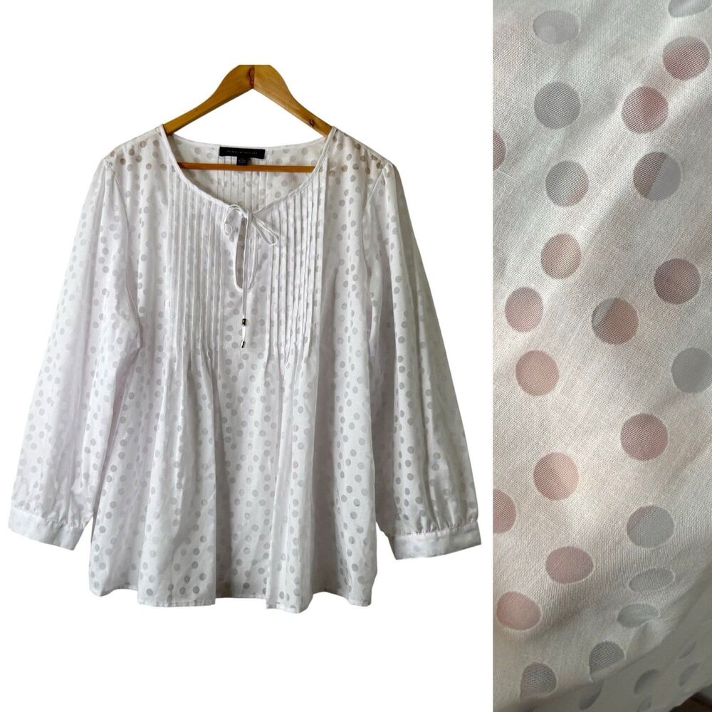 Tommy Hilfiger Pintucked Peasant Blouse XXL Sheer Jacquard Polkadot Tassel Boho